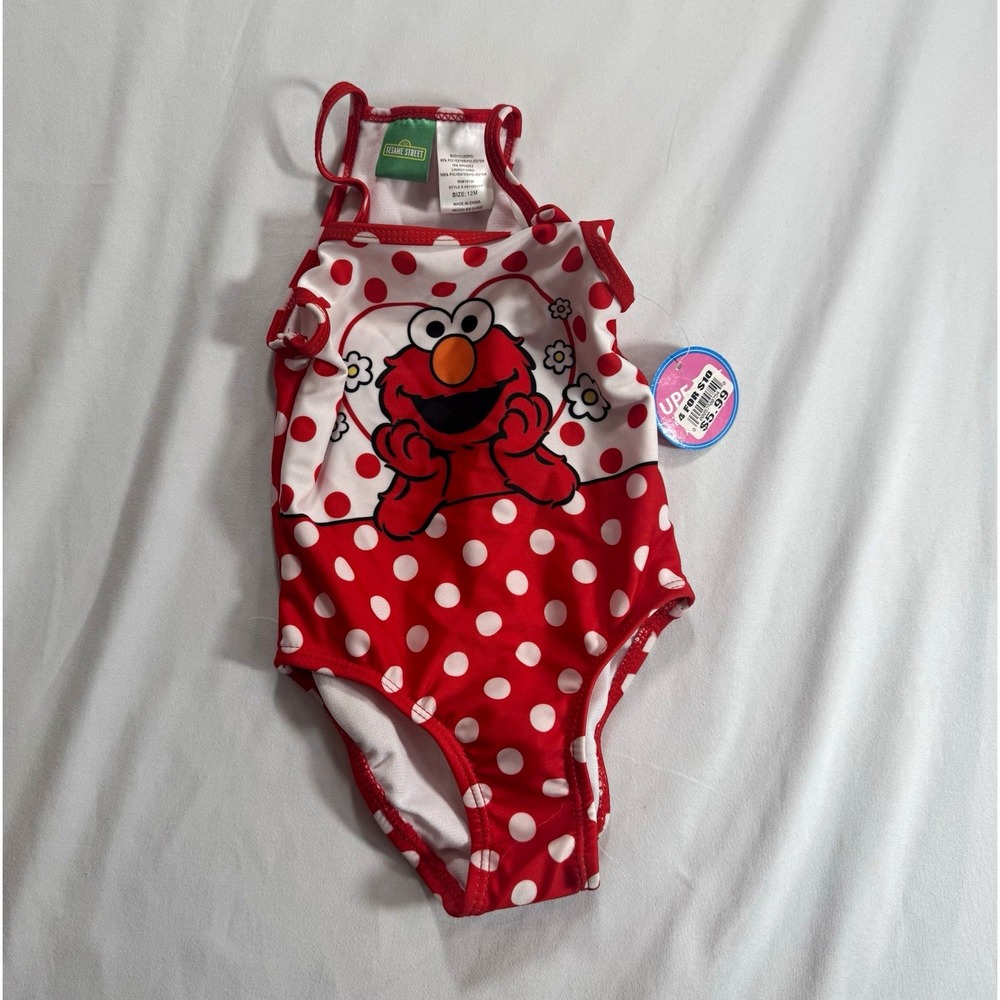 Sesame Street Girls 12-18M One-Piece Swimsuit Red/White Polka Dot Elmo Bow